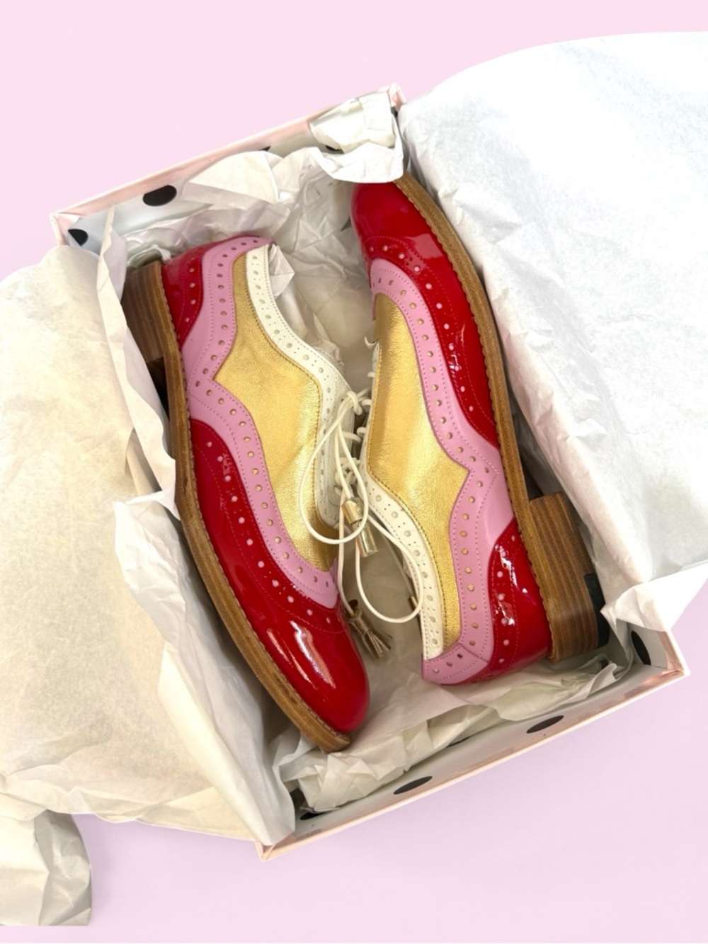 Patent Leather Tri-Tone Tassel Brogues — Red, Pink & White - Picture 5 of 12